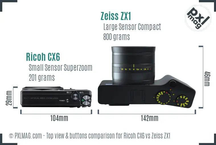 Ricoh CX6 vs Zeiss ZX1 top view buttons comparison