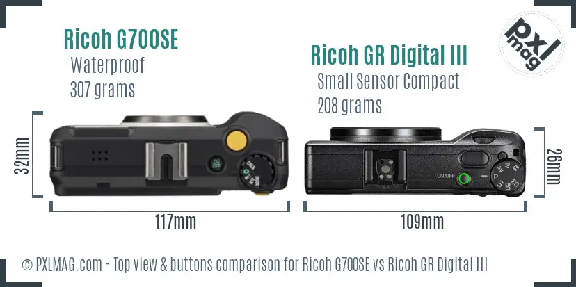 Ricoh G700SE vs Ricoh GR Digital III top view buttons comparison