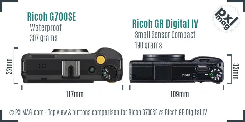 Ricoh G700SE vs Ricoh GR Digital IV top view buttons comparison