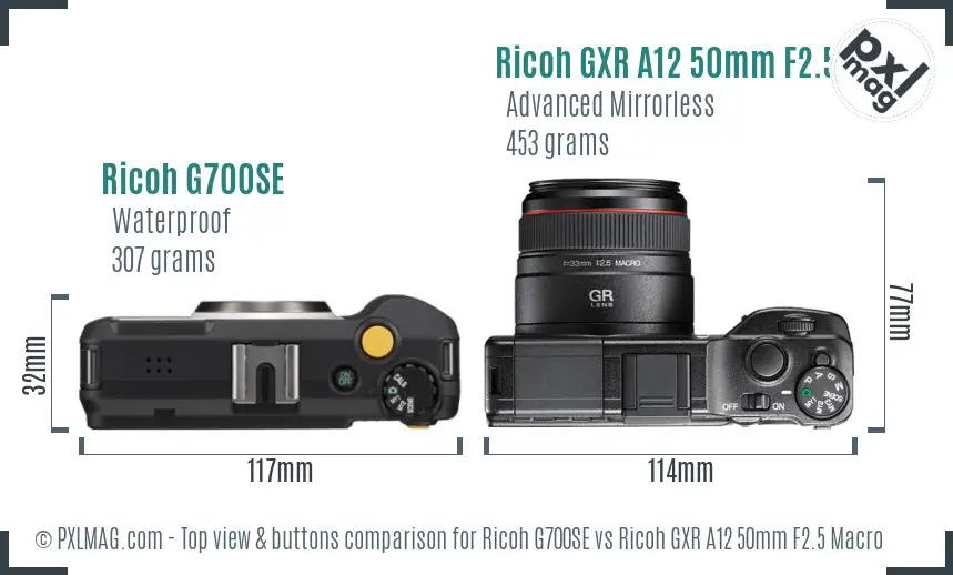 Ricoh G700SE vs Ricoh GXR A12 50mm F2.5 Macro top view buttons comparison