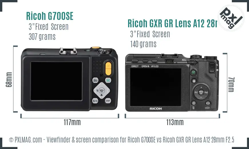 Ricoh G700SE vs Ricoh GXR GR Lens A12 28mm F2.5 Screen and Viewfinder comparison