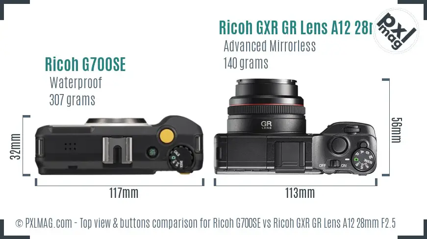 Ricoh G700SE vs Ricoh GXR GR Lens A12 28mm F2.5 top view buttons comparison