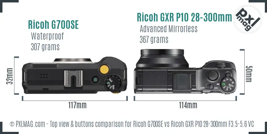 Ricoh G700SE vs Ricoh GXR P10 28-300mm F3.5-5.6 VC top view buttons comparison