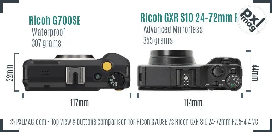 Ricoh G700SE vs Ricoh GXR S10 24-72mm F2.5-4.4 VC top view buttons comparison