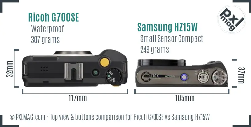 Ricoh G700SE vs Samsung HZ15W top view buttons comparison