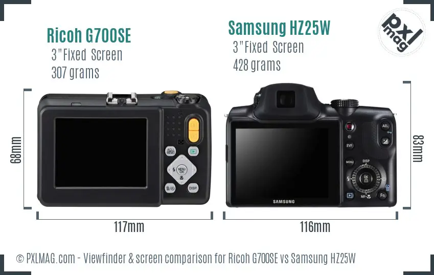 Ricoh G700SE vs Samsung HZ25W Screen and Viewfinder comparison