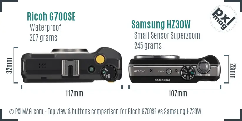 Ricoh G700SE vs Samsung HZ30W top view buttons comparison