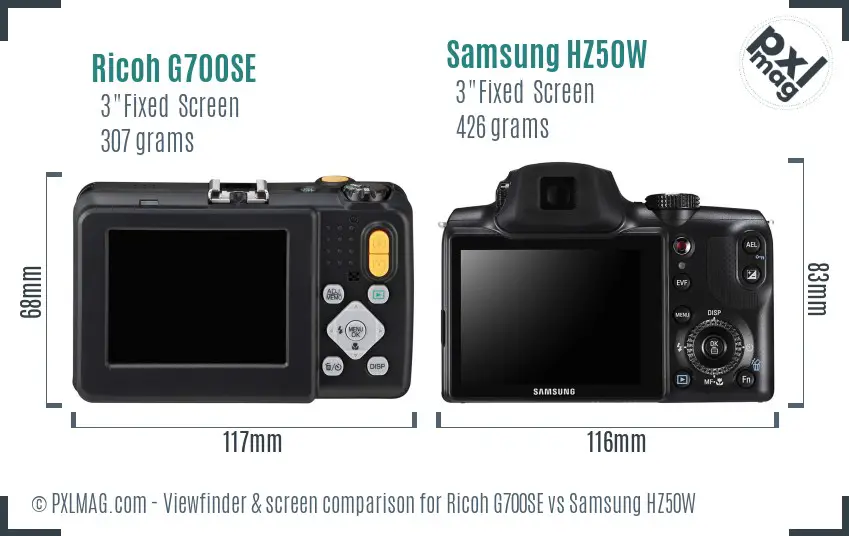 Ricoh G700SE vs Samsung HZ50W Screen and Viewfinder comparison