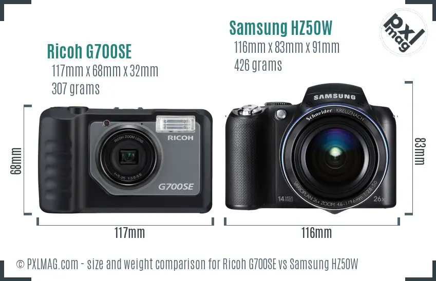 Ricoh G700SE vs Samsung HZ50W size comparison