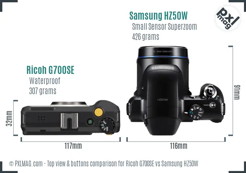 Ricoh G700SE vs Samsung HZ50W top view buttons comparison