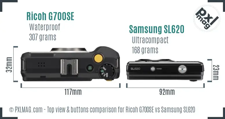 Ricoh G700SE vs Samsung SL620 top view buttons comparison