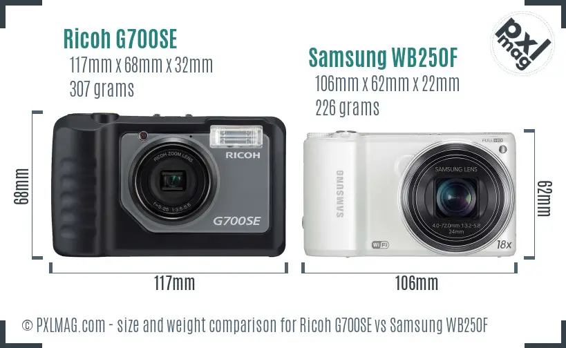 Ricoh G700SE vs Samsung WB250F size comparison