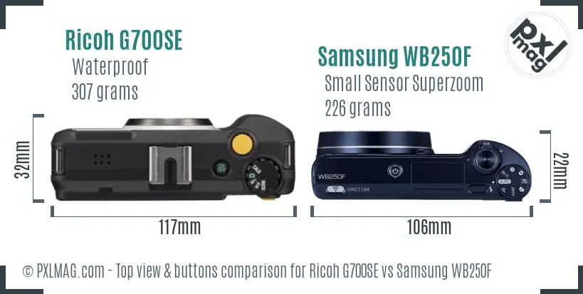 Ricoh G700SE vs Samsung WB250F top view buttons comparison