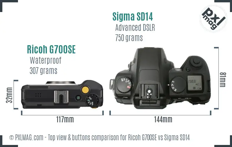 Ricoh G700SE vs Sigma SD14 top view buttons comparison
