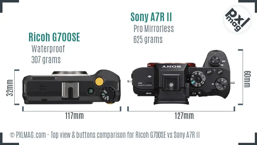 Ricoh G700SE vs Sony A7R II top view buttons comparison