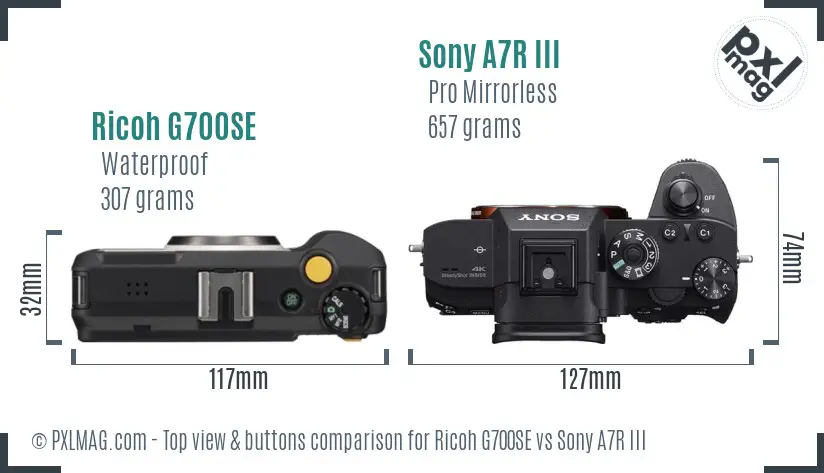 Ricoh G700SE vs Sony A7R III top view buttons comparison