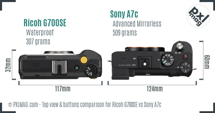 Ricoh G700SE vs Sony A7c top view buttons comparison