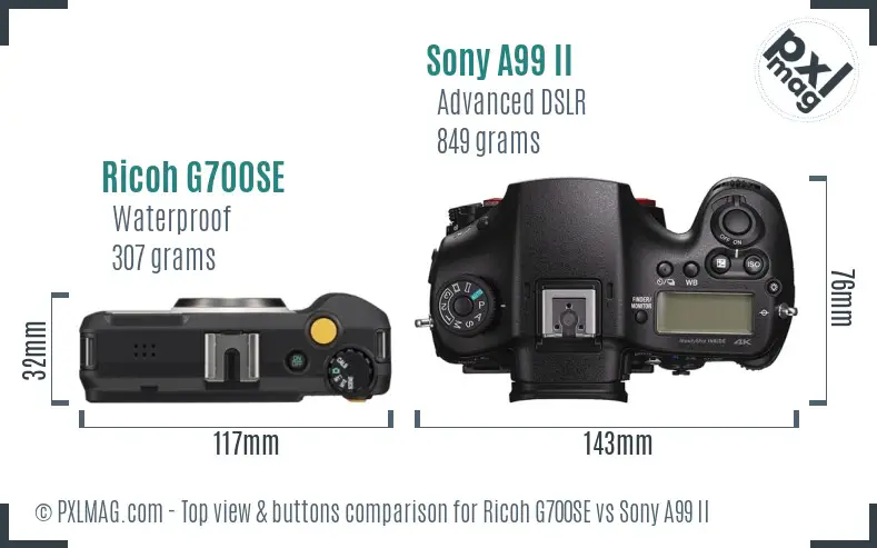 Ricoh G700SE vs Sony A99 II top view buttons comparison
