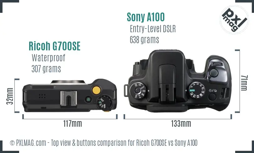 Ricoh G700SE vs Sony A100 top view buttons comparison