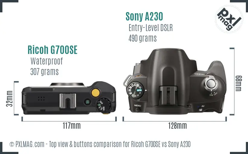 Ricoh G700SE vs Sony A230 top view buttons comparison