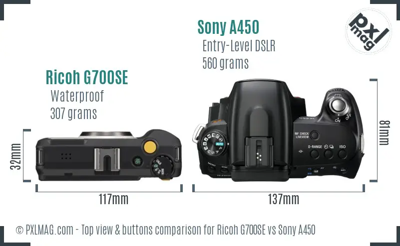 Ricoh G700SE vs Sony A450 top view buttons comparison