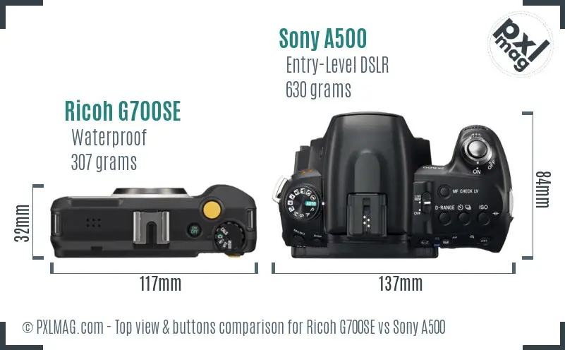 Ricoh G700SE vs Sony A500 top view buttons comparison