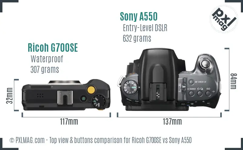 Ricoh G700SE vs Sony A550 top view buttons comparison