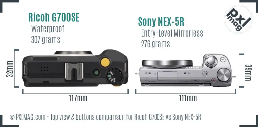 Ricoh G700SE vs Sony NEX-5R top view buttons comparison