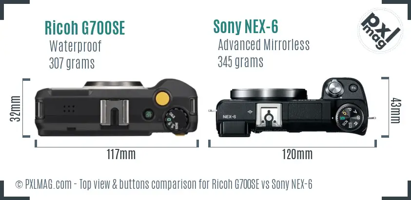 Ricoh G700SE vs Sony NEX-6 top view buttons comparison