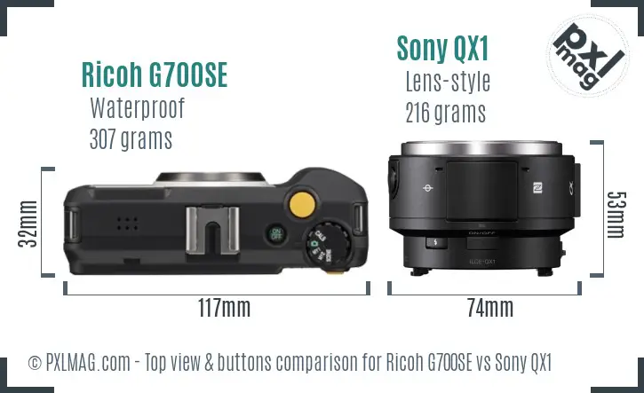 Ricoh G700SE vs Sony QX1 top view buttons comparison