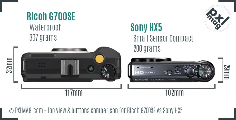 Ricoh G700SE vs Sony HX5 top view buttons comparison