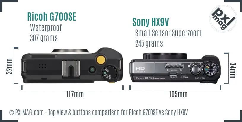 Ricoh G700SE vs Sony HX9V top view buttons comparison