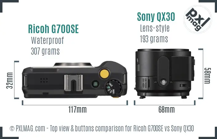 Ricoh G700SE vs Sony QX30 top view buttons comparison