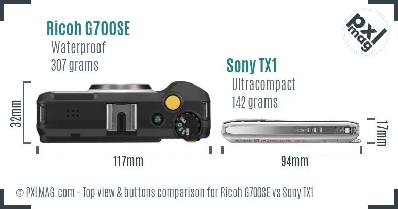 Ricoh G700SE vs Sony TX1 top view buttons comparison