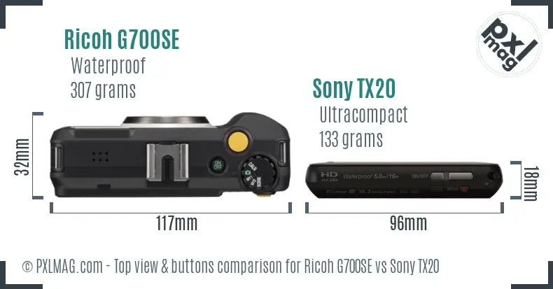 Ricoh G700SE vs Sony TX20 top view buttons comparison