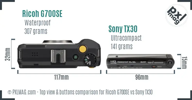 Ricoh G700SE vs Sony TX30 top view buttons comparison