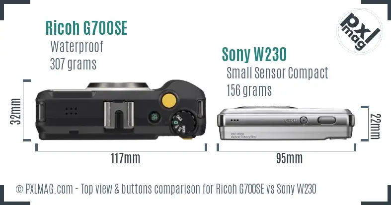 Ricoh G700SE vs Sony W230 top view buttons comparison