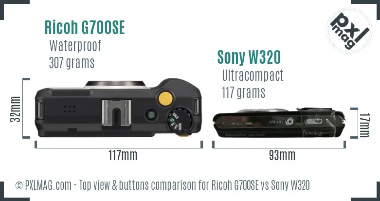 Ricoh G700SE vs Sony W320 top view buttons comparison