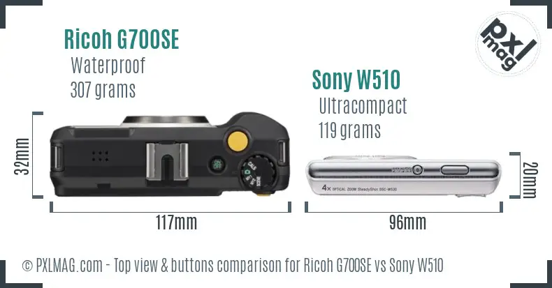 Ricoh G700SE vs Sony W510 top view buttons comparison