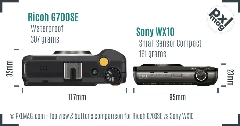Ricoh G700SE vs Sony WX10 top view buttons comparison
