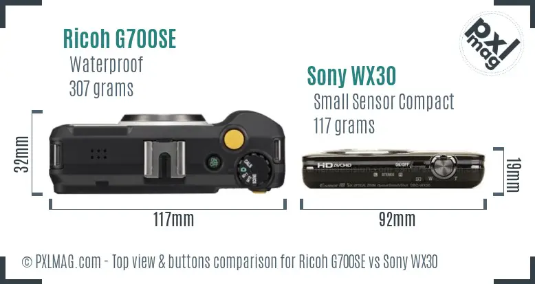 Ricoh G700SE vs Sony WX30 top view buttons comparison