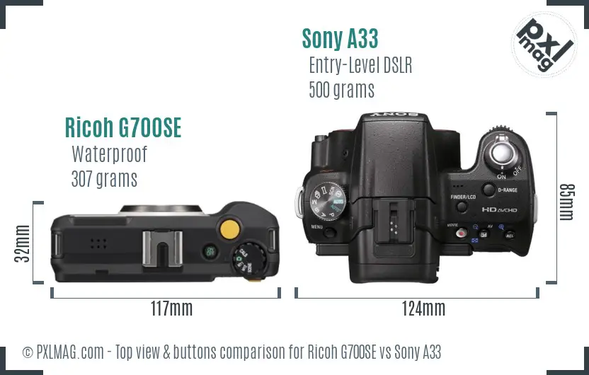 Ricoh G700SE vs Sony A33 top view buttons comparison