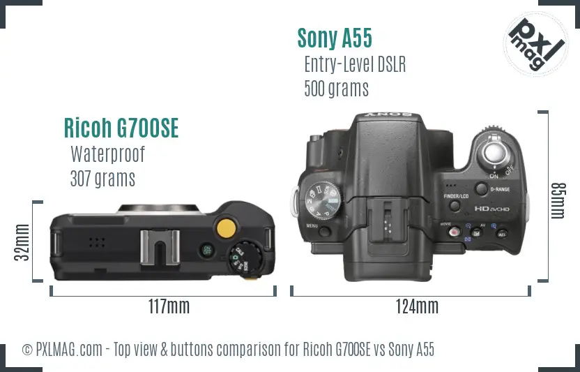 Ricoh G700SE vs Sony A55 top view buttons comparison