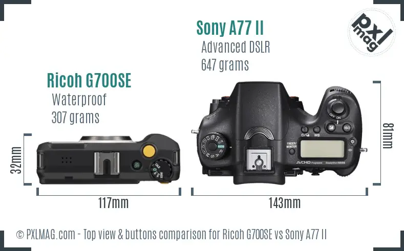 Ricoh G700SE vs Sony A77 II top view buttons comparison