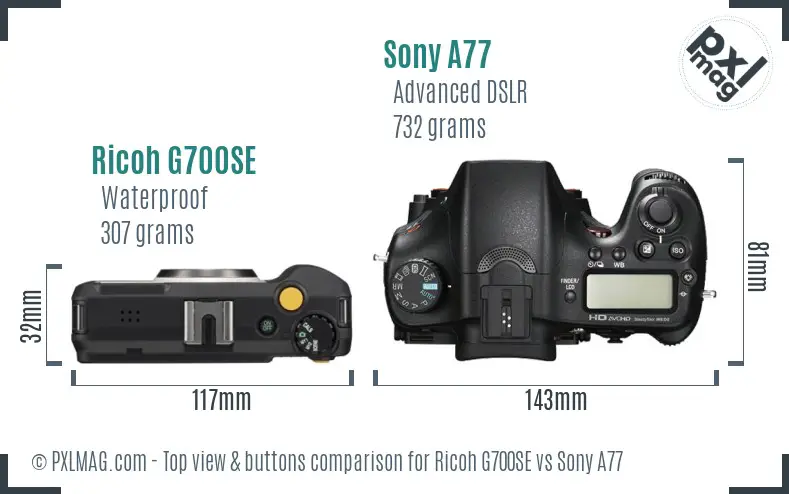 Ricoh G700SE vs Sony A77 top view buttons comparison