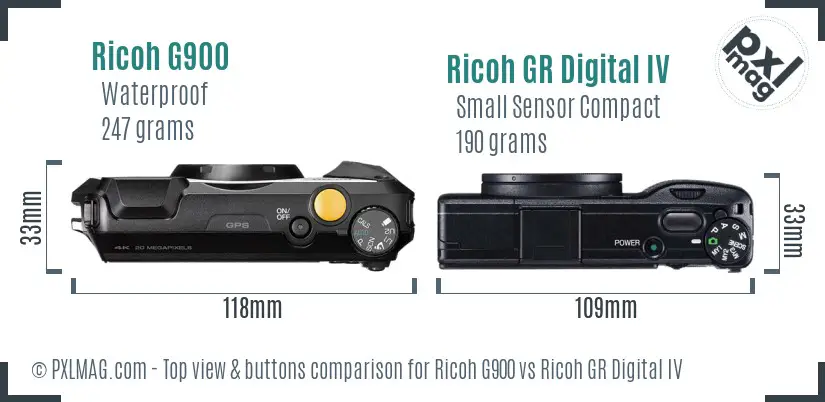 Ricoh G900 vs Ricoh GR Digital IV top view buttons comparison
