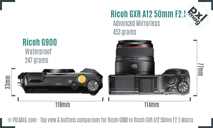 Ricoh G900 vs Ricoh GXR A12 50mm F2.5 Macro top view buttons comparison