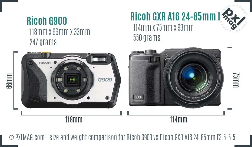 Ricoh G900 vs Ricoh GXR A16 24-85mm F3.5-5.5 size comparison