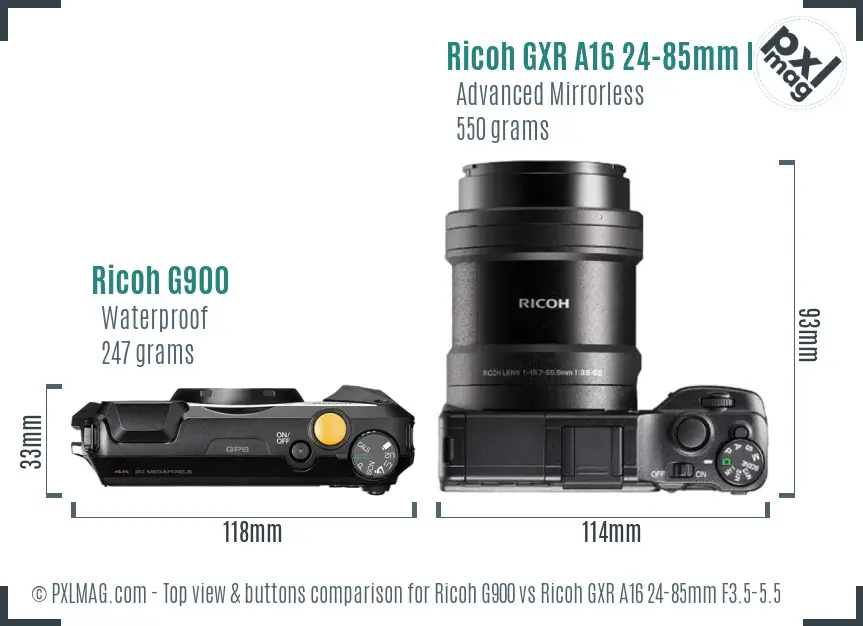 Ricoh G900 vs Ricoh GXR A16 24-85mm F3.5-5.5 top view buttons comparison