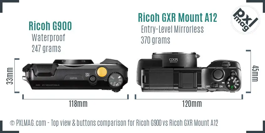Ricoh G900 vs Ricoh GXR Mount A12 top view buttons comparison